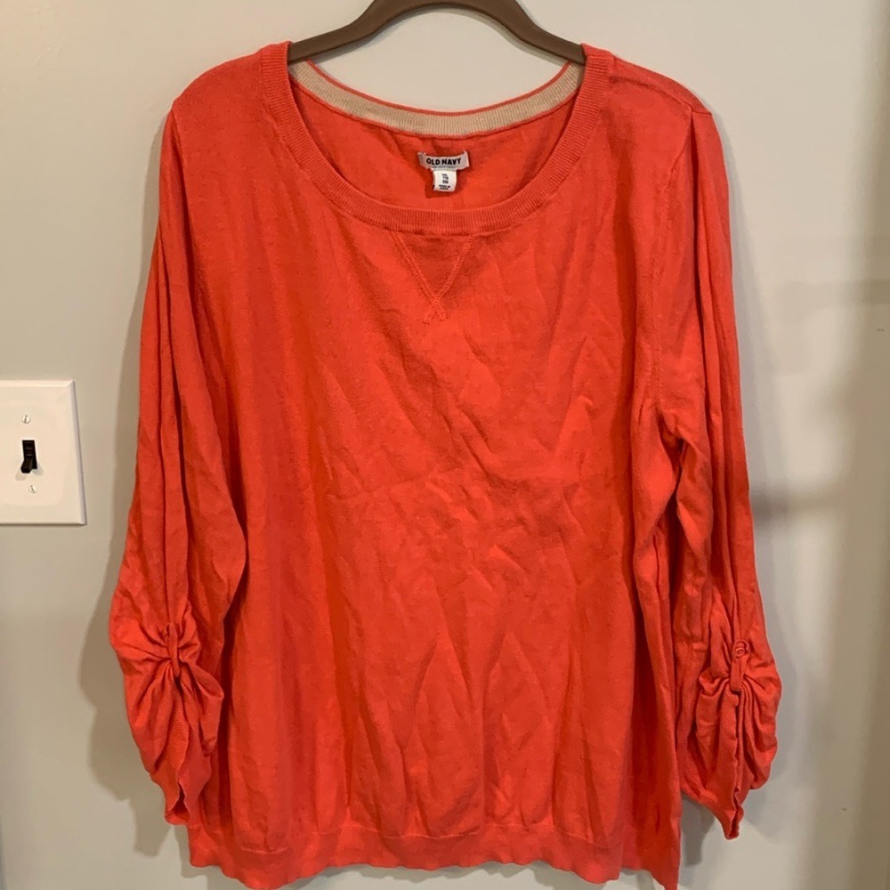 Old Navy Sweater Womens XXL Coral Orange Lightweight Knit Pullover‎ Ruched Cuff
